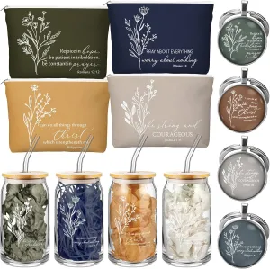 Fumete 4 Sets Christian Gifts for Women 16 oz Bible Verse Glass Cup Religious Makeup Cosmetic Bags Prayer Tumbler Keychains Birthday Church Scripture Pastor Appreciation Gift for Women Mom