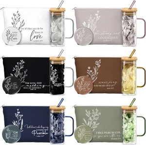 Fumete 6 Set Christian Gifts for Women Flower Makeup Bag Bible Verse Glass Coffee Cup with Handle Bamboo Lid Straw Mini Christian Compact Mirror Religious Cosmetic Bag for Church Mother's Day Gifts