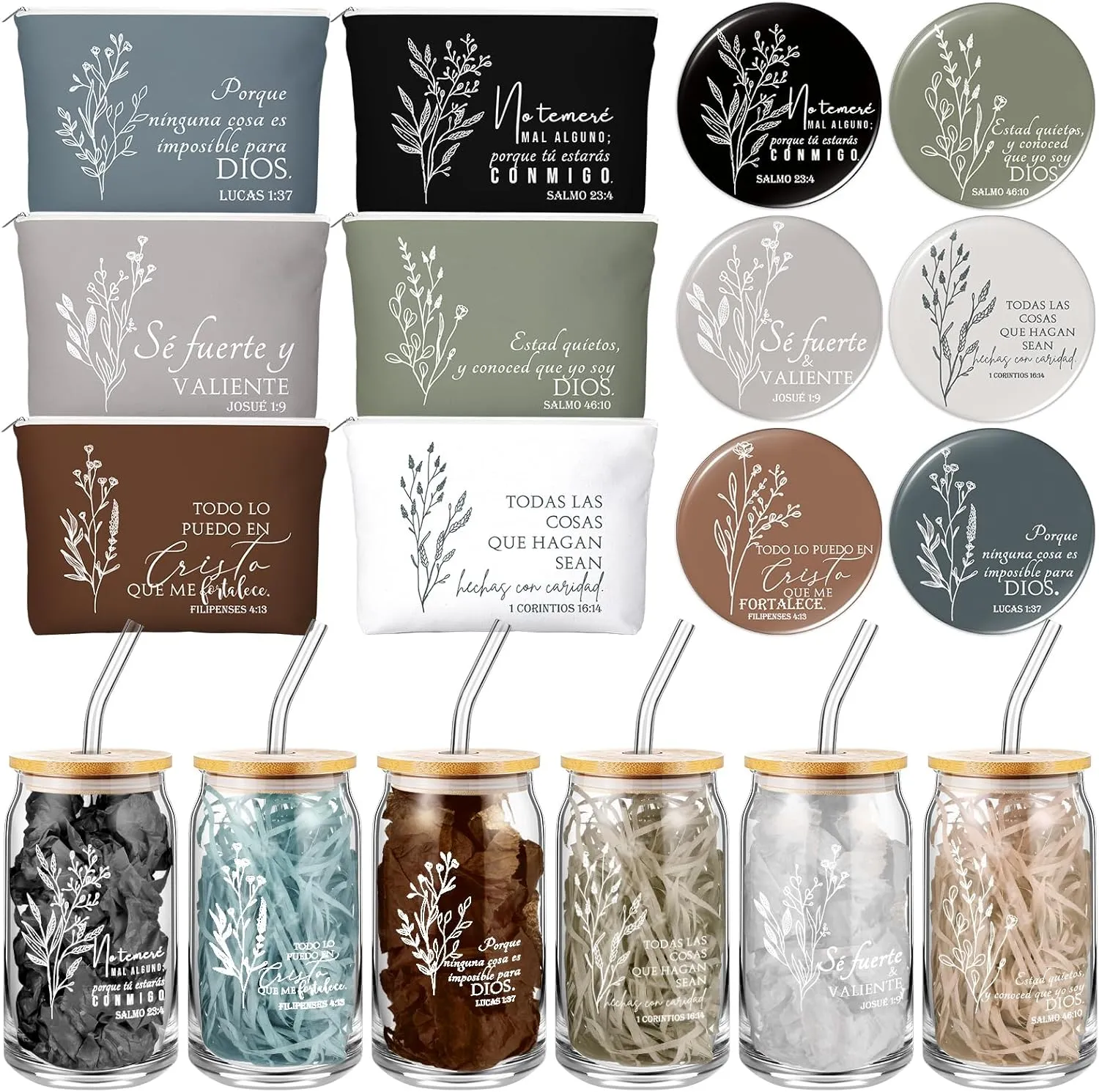 Fumete 6 Set Christian Gifts Religious Makeup Bag Bible Verse Glass Coffee Cup with Bamboo Lid Straw Mini Christian Compact Mirror Regalos Cristianos En Español for Church(Spanish)