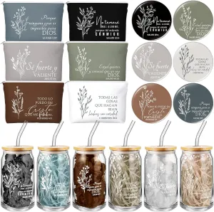 Fumete 6 Set Christian Gifts Religious Makeup Bag Bible Verse Glass Coffee Cup with Bamboo Lid Straw Mini Christian Compact Mirror Regalos Cristianos En Español for Church(Spanish)