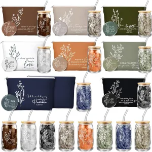 Fumete 8 Sets Christian Gift for Women Mother's Day Mom Flower Makeup Cosmetic Bag Bible Verse Glass Coffee Cup with Bamboo Lid Straw Mini Compact Mirror Religious Scripture Church Party (Bible-c)