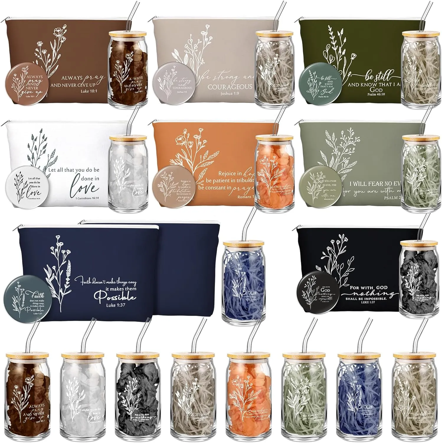 Fumete 8 Sets Christian Gift for Women Mother's Day Mom Flower Makeup Cosmetic Bag Bible Verse Glass Coffee Cup with Bamboo Lid Straw Mini Compact Mirror Religious Scripture Church Party (Bible-c)