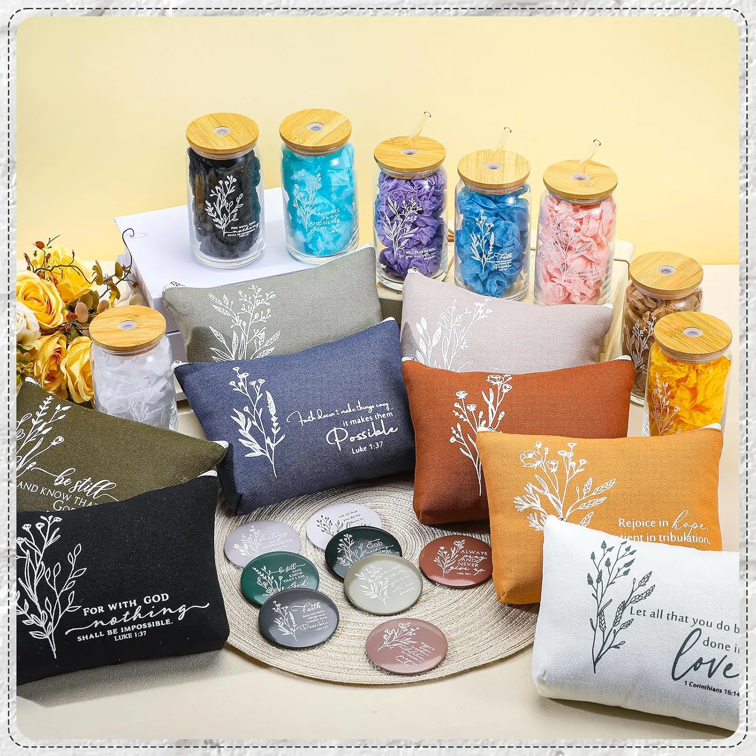 Fumete 8 Sets Christian Gift for Women Mother's Day Mom Flower Makeup Cosmetic Bag Bible Verse Glass Coffee Cup with Bamboo Lid Straw Mini Compact Mirror Religious Scripture Church Party (Bible-c)