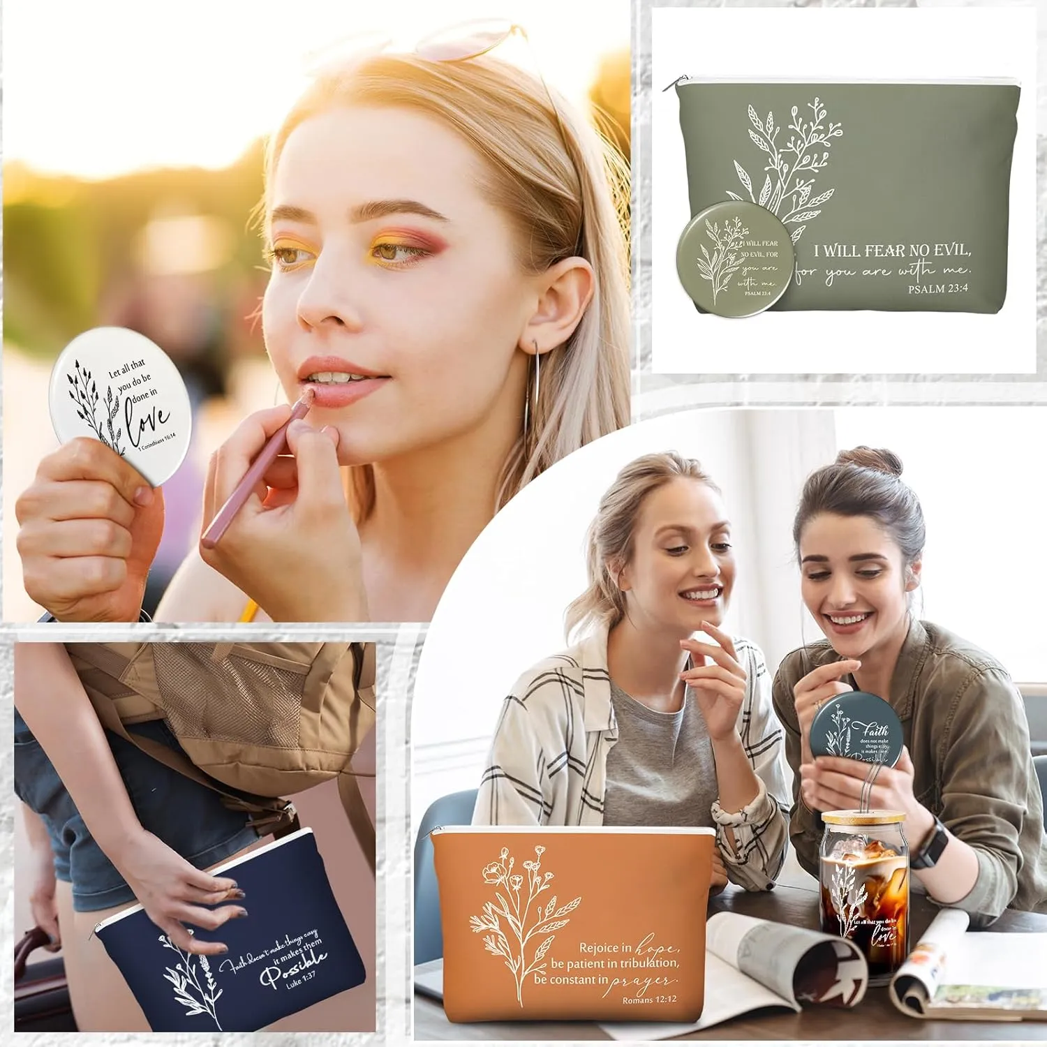 Fumete 8 Sets Christian Gift for Women Mother's Day Mom Flower Makeup Cosmetic Bag Bible Verse Glass Coffee Cup with Bamboo Lid Straw Mini Compact Mirror Religious Scripture Church Party (Bible-c)