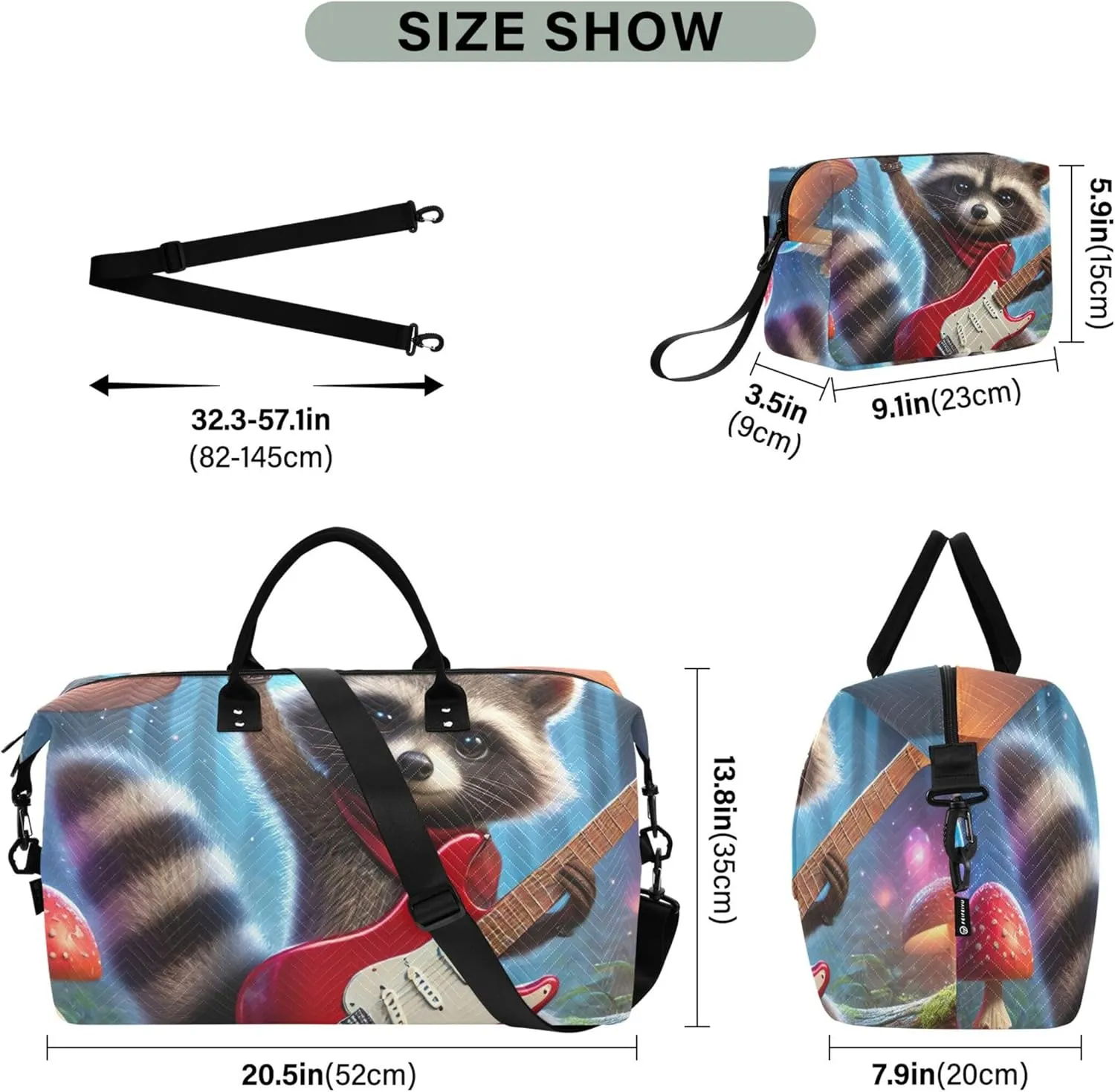 Funny Raccoon Rock Animal Travel Duffle Bags Cosmetic Bag Set of 2, Art Women Luggage Bags Duffel for Traveling