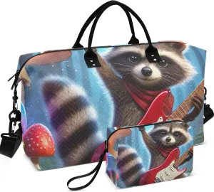 Funny Raccoon Rock Animal Travel Duffle Bags Cosmetic Bag Set of 2, Art Women Luggage Bags Duffel for Traveling