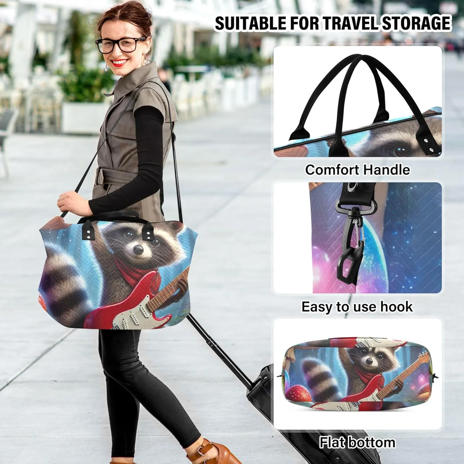 Funny Raccoon Rock Animal Travel Duffle Bags Cosmetic Bag Set of 2, Art Women Luggage Bags Duffel for Traveling
