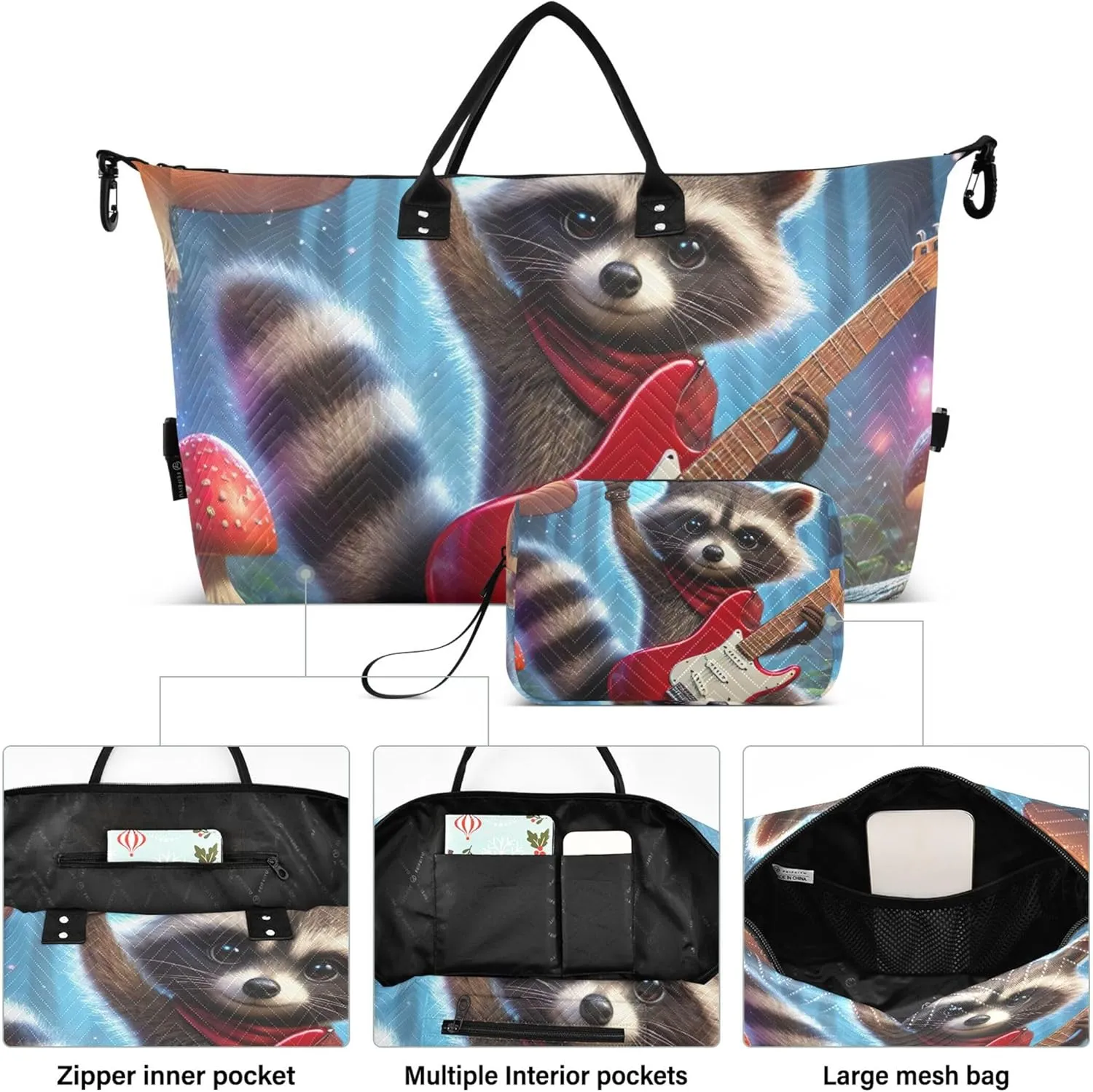 Funny Raccoon Rock Animal Travel Duffle Bags Cosmetic Bag Set of 2, Art Women Luggage Bags Duffel for Traveling