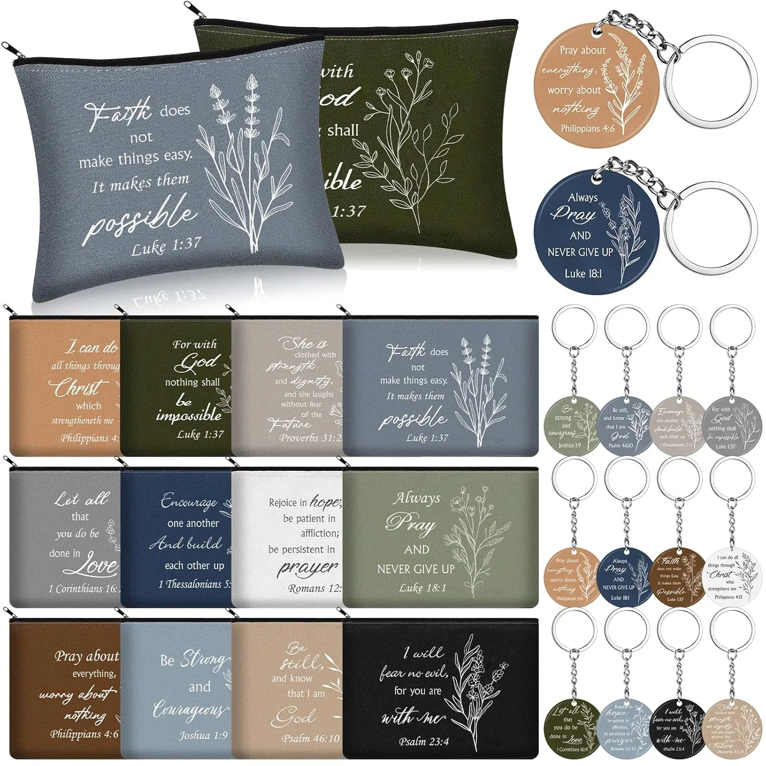 Funrous 12 Sets Religious Gifts Bulk for Women Motivational Bible Cosmetic Bags Aesthetic Inspirational Makeup Bags with Christian Quotes Keychains for Church Women Friends Appreciation Gifts Supplies