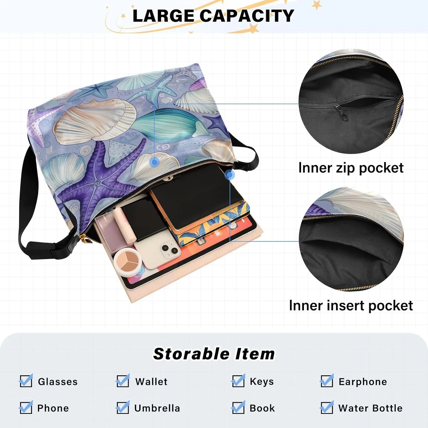GAIGEO a of Sea Shells and Starfish Lightweight Leather Shoulder Bag, Men's Leather Crossbody Bag, Large Crossbody Bag