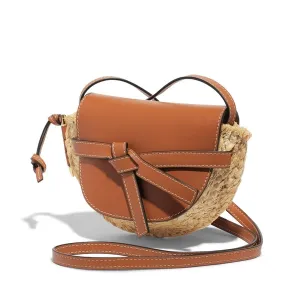 Genuine Leather Patchwork Straw Bags