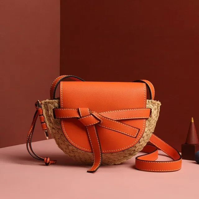 Genuine Leather Patchwork Straw Bags