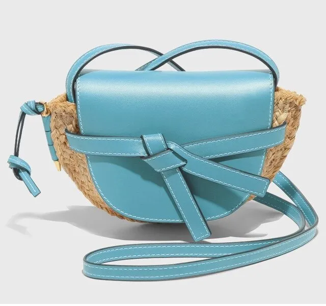 Genuine Leather Patchwork Straw Bags