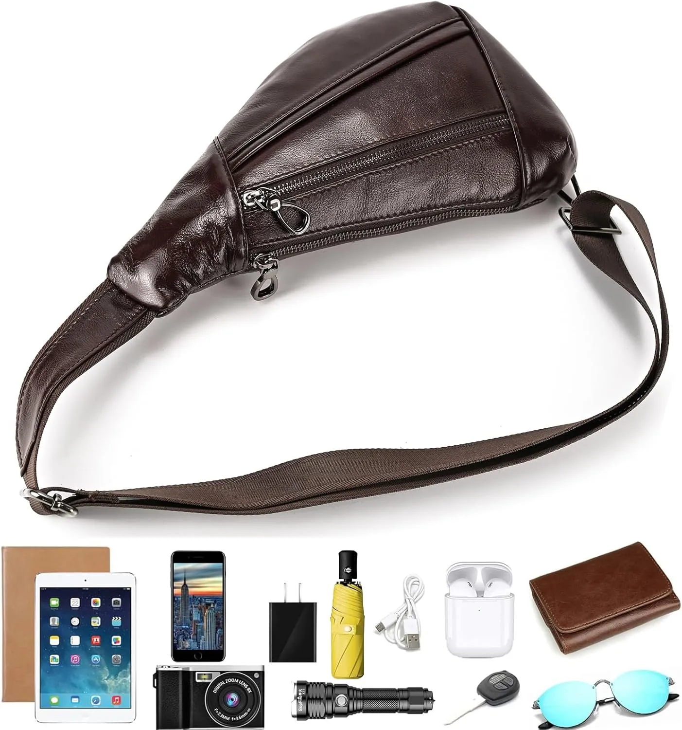 Genuine Leather sling bag for men casual crossbody backpack small shoulder bag chest bag for Travel, 9050 Brown