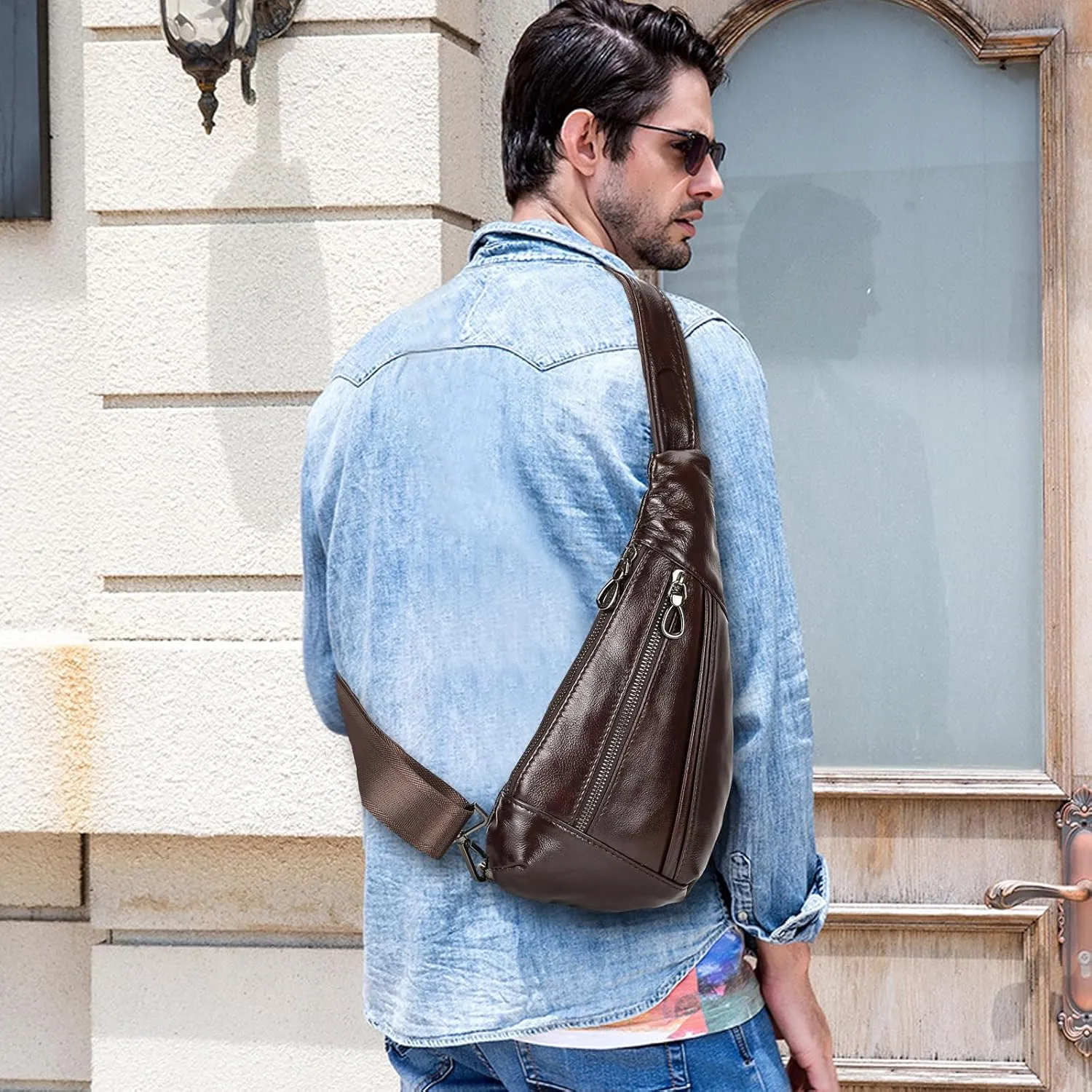 Genuine Leather sling bag for men casual crossbody backpack small shoulder bag chest bag for Travel, 9050 Brown
