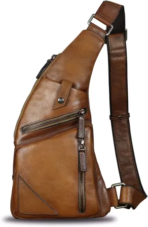 Genuine Leather Sling Bag for Men Vintage Handmade Crossbody Daypack Hiking Backpack Retro Crossbody Shoulder Bag (Brown)