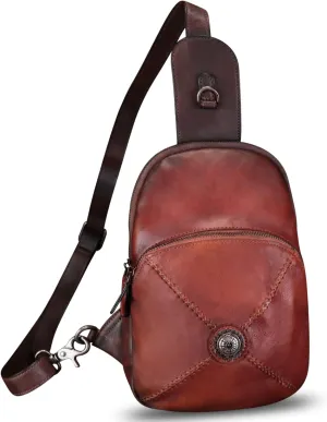 Genuine Leather Sling Bag for Women Vintage Real Leather Sling Backpack Shoulder Crossbody Bag Chest Purse