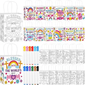 Geyoga 72 Pcs Religious Mothers Day Craft Color Your Own Mother's Day Gift Bags DIY Christian Paper Coloring Best Mom Goodie Bag with 24 Colored Pens for Sunday School Classroom Church Party Supplies