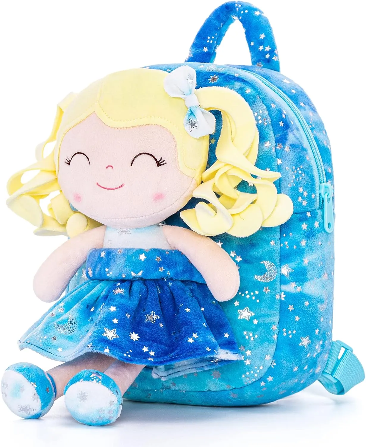 Gloveleya Toddler Backpack Baby Girl Gifts Plush Curly Girl Doll Backpacks Blue Dress with Glitter Stars 9 inches