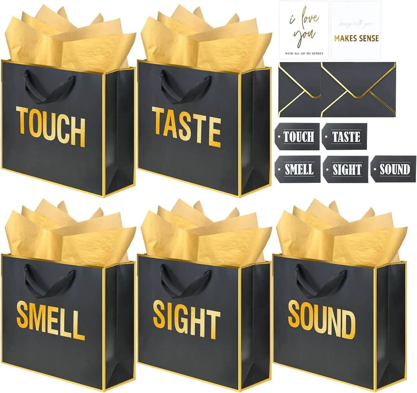 Gold Foil 5 Senses Gift Bags For Him Her with Labels Envelopes and Cards, Sight Smell Touch Taste Sound Gift Bags with Tissue Paper For Birthday, Anniversary, Mother'S Day, Valentine'S Day(11.8x10x4inch)