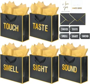 Gold Foil 5 Senses Gift Bags For Him Her with Labels Envelopes and Cards, Sight Smell Touch Taste Sound Gift Bags with Tissue Paper For Birthday, Anniversary, Mother'S Day, Valentine'S Day(11.8x10x4inch)