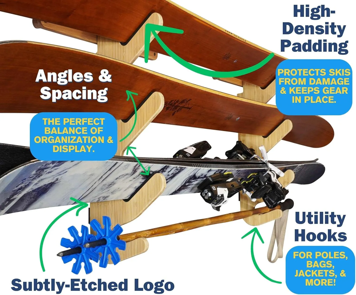 Grassracks Birch Wood Ski Rack - The Hallsteiner Series Indoor Horizontal Ski Wall Rack (4 or 5 Pairs of Skis, Birch)
