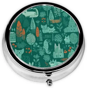 Green Animals Pill Box Round Pill Case for Pocket Purse 3 Compartment Medicine Pill Organizer Cute Portable Travel Pillbox Vitamin Cod Liver Oil Storage Box Unique Gift Organizer