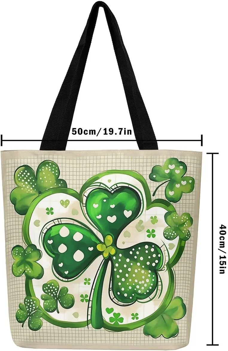 Green Clovers Canvas Tote Bag 16x20 Inch,St. Patrick's Day Tote Bag,Seasonal Spring Botanical Shopping Grocery Bags
