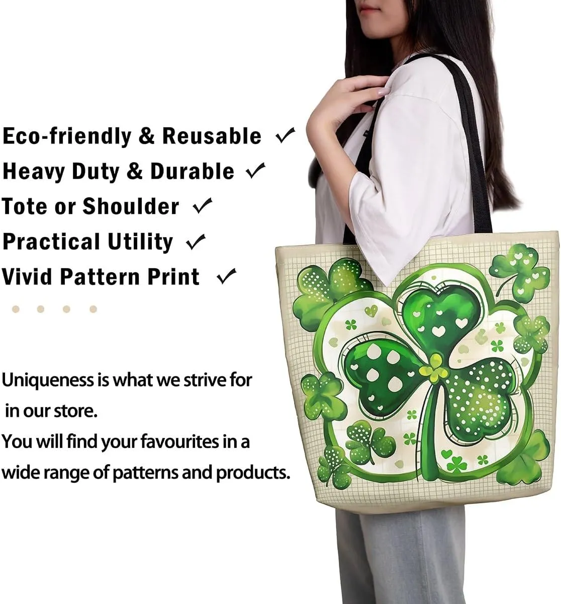 Green Clovers Canvas Tote Bag 16x20 Inch,St. Patrick's Day Tote Bag,Seasonal Spring Botanical Shopping Grocery Bags