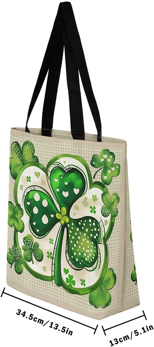 Green Clovers Canvas Tote Bag 16x20 Inch,St. Patrick's Day Tote Bag,Seasonal Spring Botanical Shopping Grocery Bags