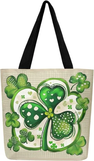 Green Clovers Canvas Tote Bag 16x20 Inch,St. Patrick's Day Tote Bag,Seasonal Spring Botanical Shopping Grocery Bags