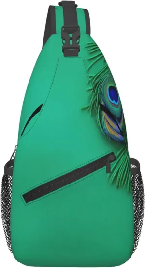 Green Peacock Feather Print Crossbody Bag Is Suitable For Outdoor Hiking, Work, And Daily Travel