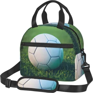 Green Soccer Ball On Grassy Insulated Lunch Bag Box - Versatile Leakproof Cooler Tote, Comes with Adjustable Shoulder Strap