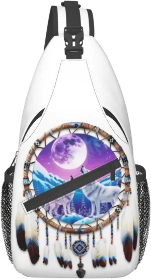 GTEVUTS Native American Wolf Dream Catchers Crossbody Bags Sling Bag for for Women Men- Cute Fashion Chest Bag- Small Shoulder Bags Travel Hiking Cycling Daypack Adult Backpack
