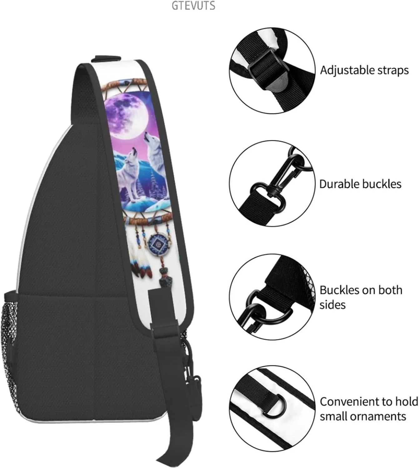 GTEVUTS Native American Wolf Dream Catchers Crossbody Bags Sling Bag for for Women Men- Cute Fashion Chest Bag- Small Shoulder Bags Travel Hiking Cycling Daypack Adult Backpack