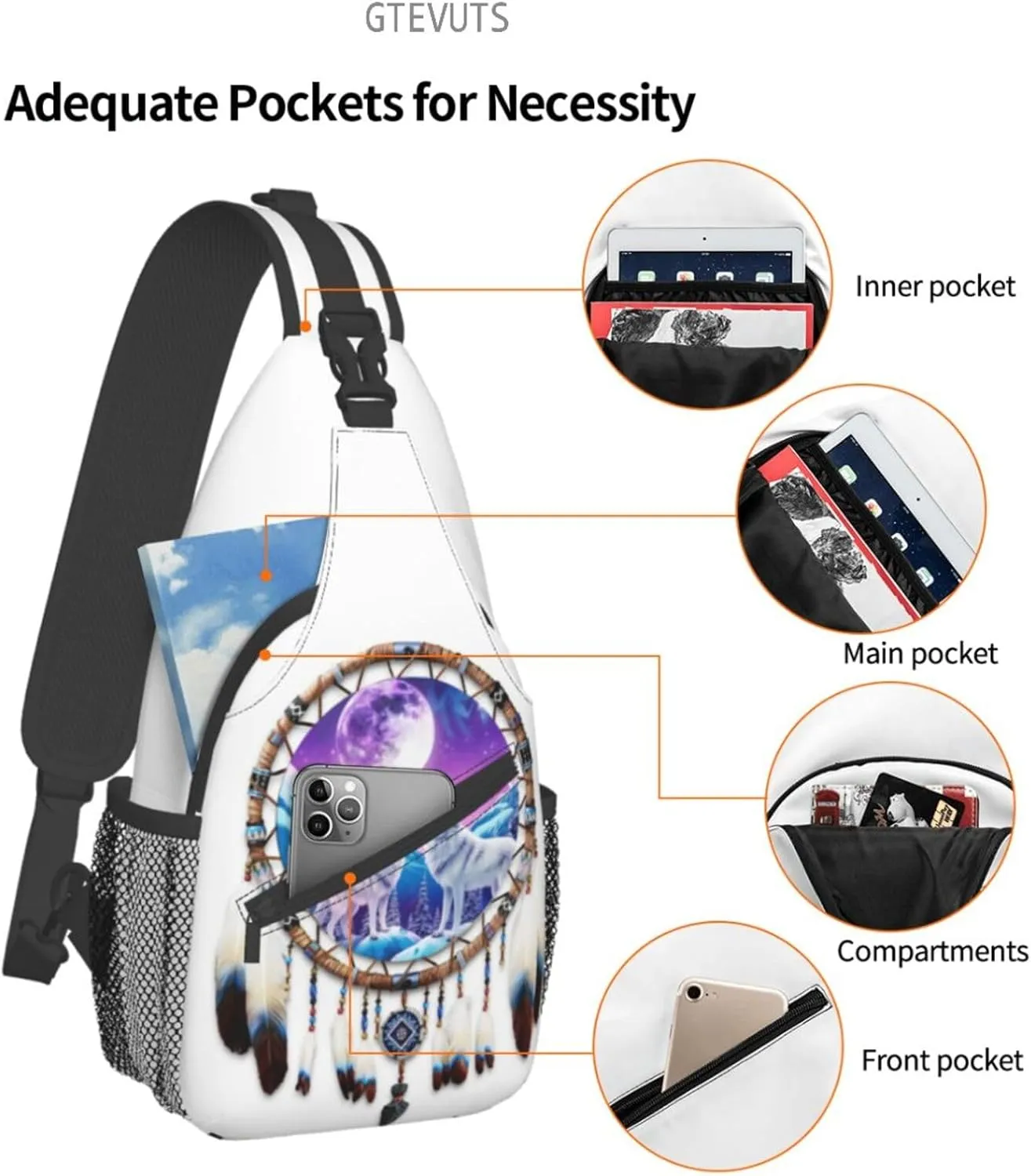 GTEVUTS Native American Wolf Dream Catchers Crossbody Bags Sling Bag for for Women Men- Cute Fashion Chest Bag- Small Shoulder Bags Travel Hiking Cycling Daypack Adult Backpack