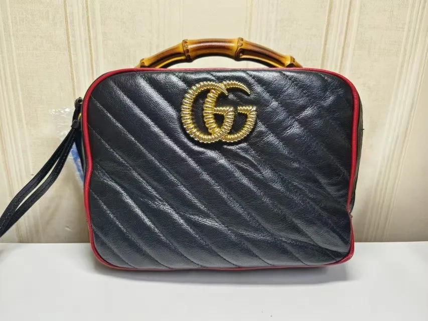 Gucci Bamboo Black Leather Bag Red Trim Medium