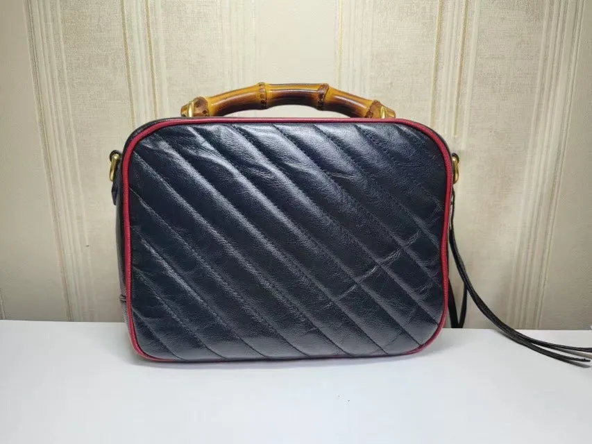 Gucci Bamboo Black Leather Bag Red Trim Medium