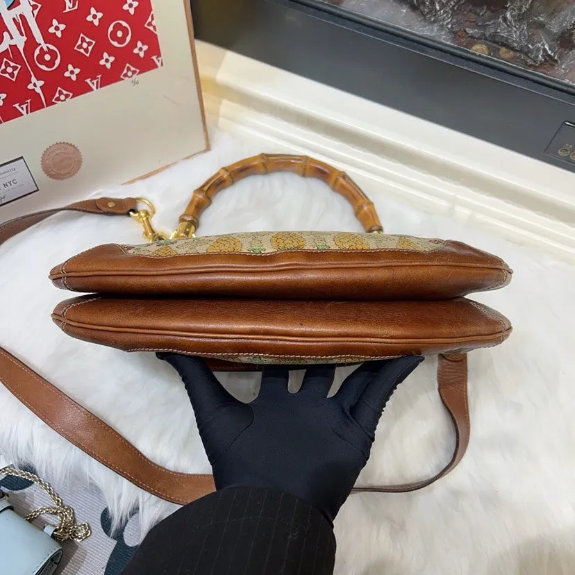 Gucci Brown Bamboo Canvas Leather Crossbody Bag Small