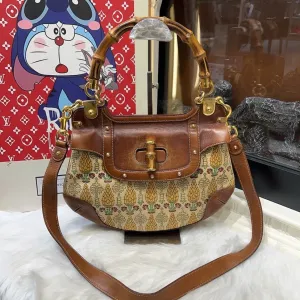 Gucci Brown Bamboo Canvas Leather Crossbody Bag Small
