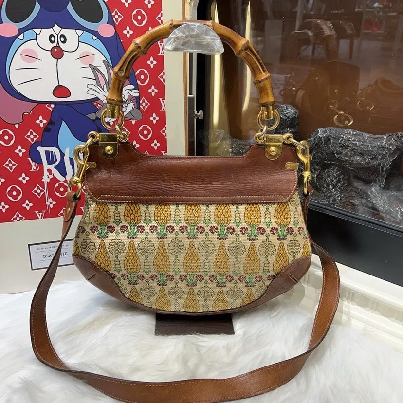 Gucci Brown Bamboo Canvas Leather Crossbody Bag Small