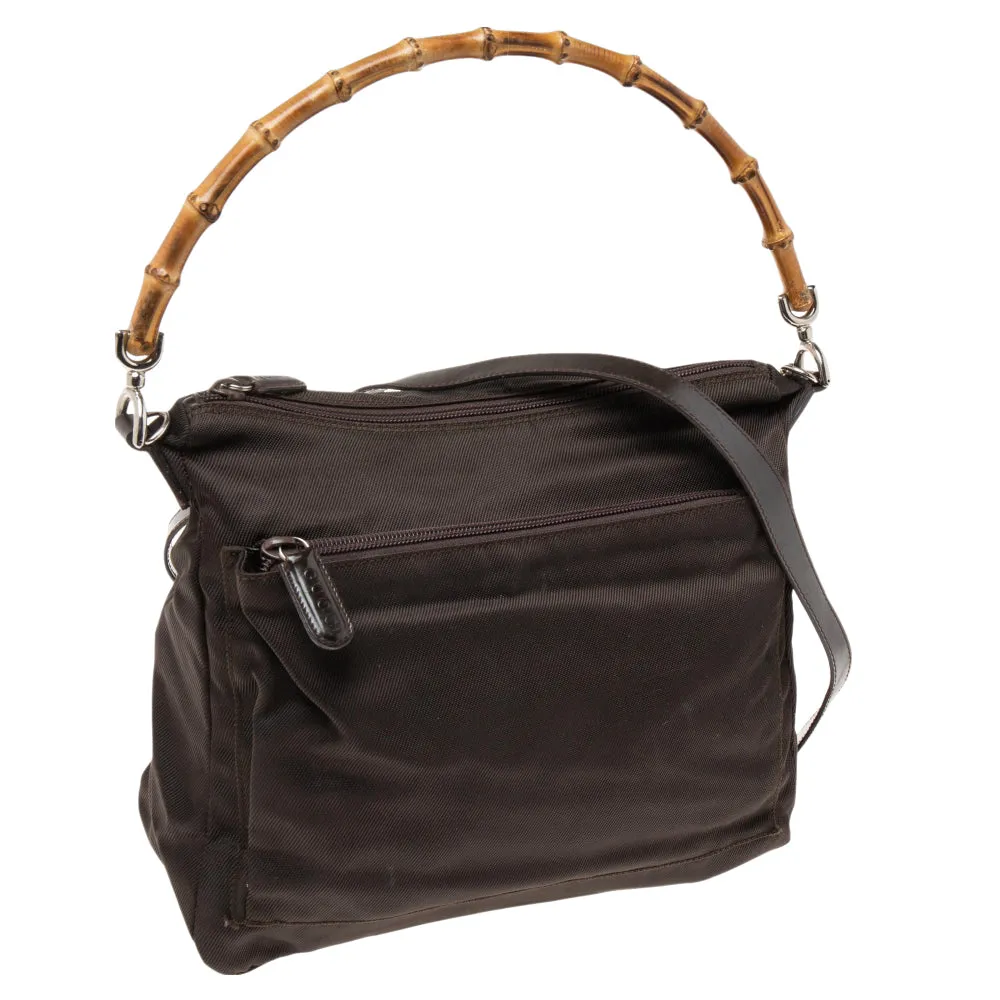 Gucci Brown Nylon and Leather Bamboo Shoulder Bag