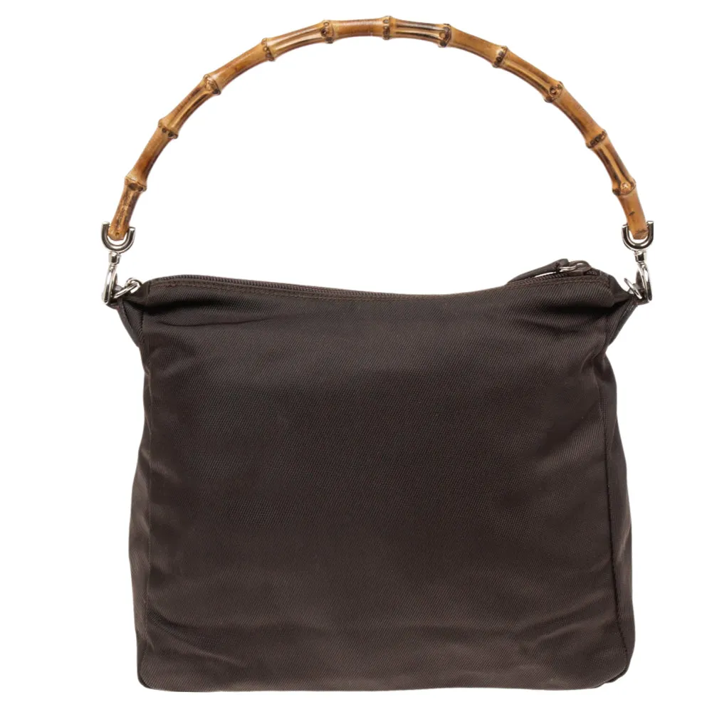 Gucci Brown Nylon and Leather Bamboo Shoulder Bag