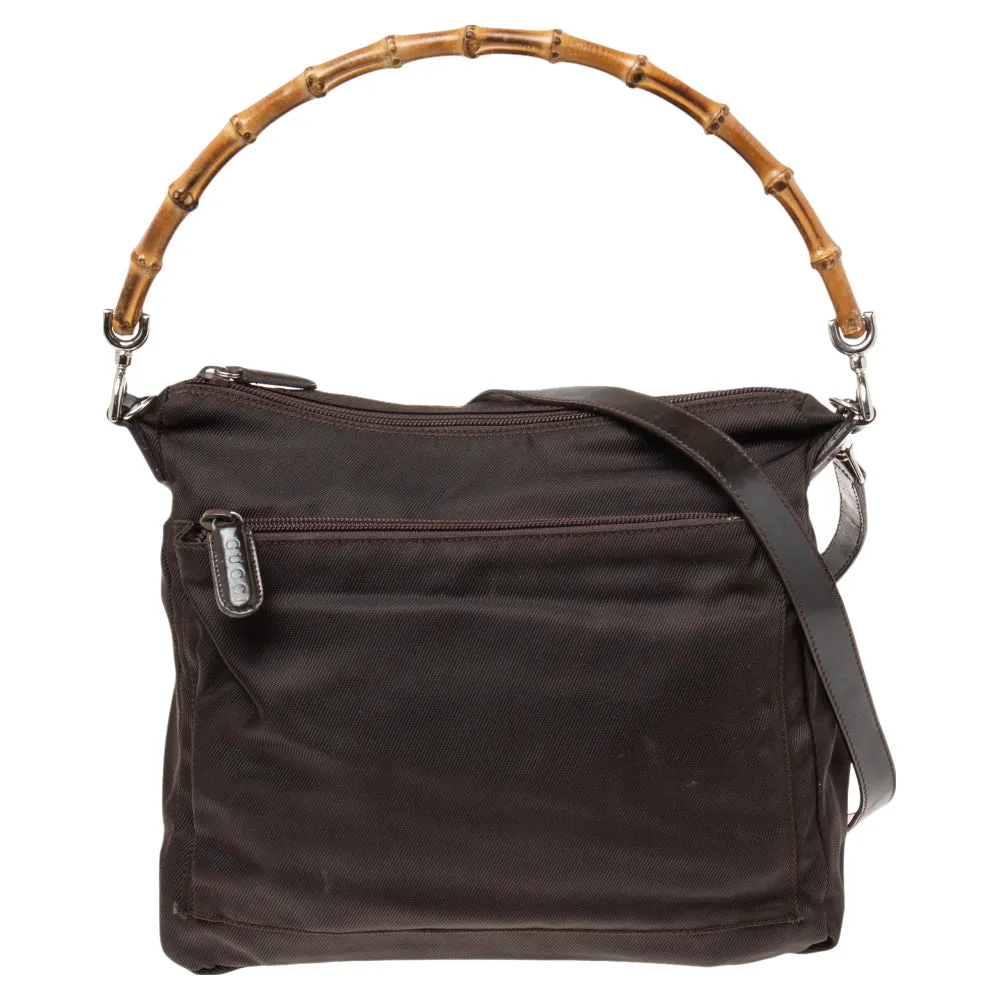 Gucci Brown Nylon and Leather Bamboo Shoulder Bag