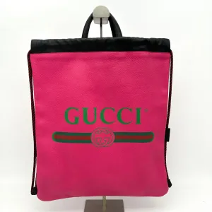 GUCCI Grained Calfskin Logo Drawstring Backpack Box Pink Green Black LA33768