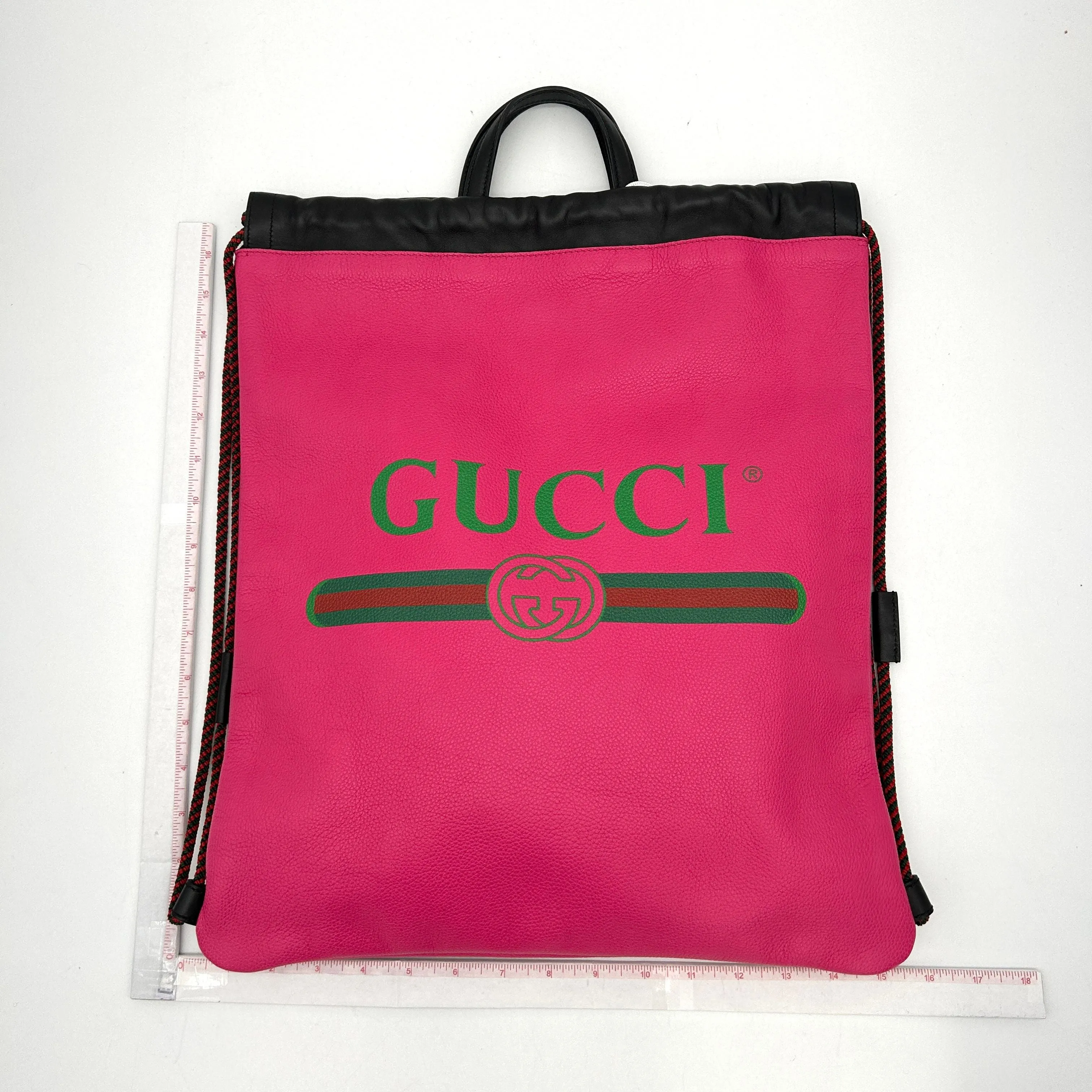 GUCCI Grained Calfskin Logo Drawstring Backpack Box Pink Green Black LA33768