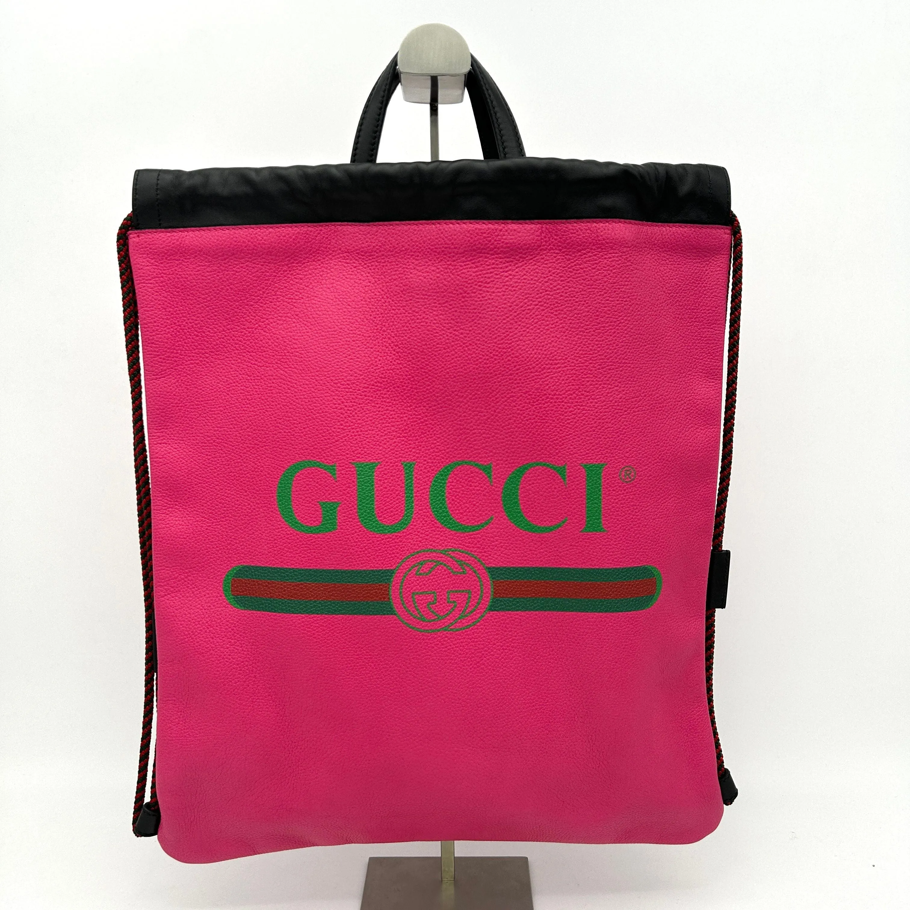 GUCCI Grained Calfskin Logo Drawstring Backpack Box Pink Green Black LA33768
