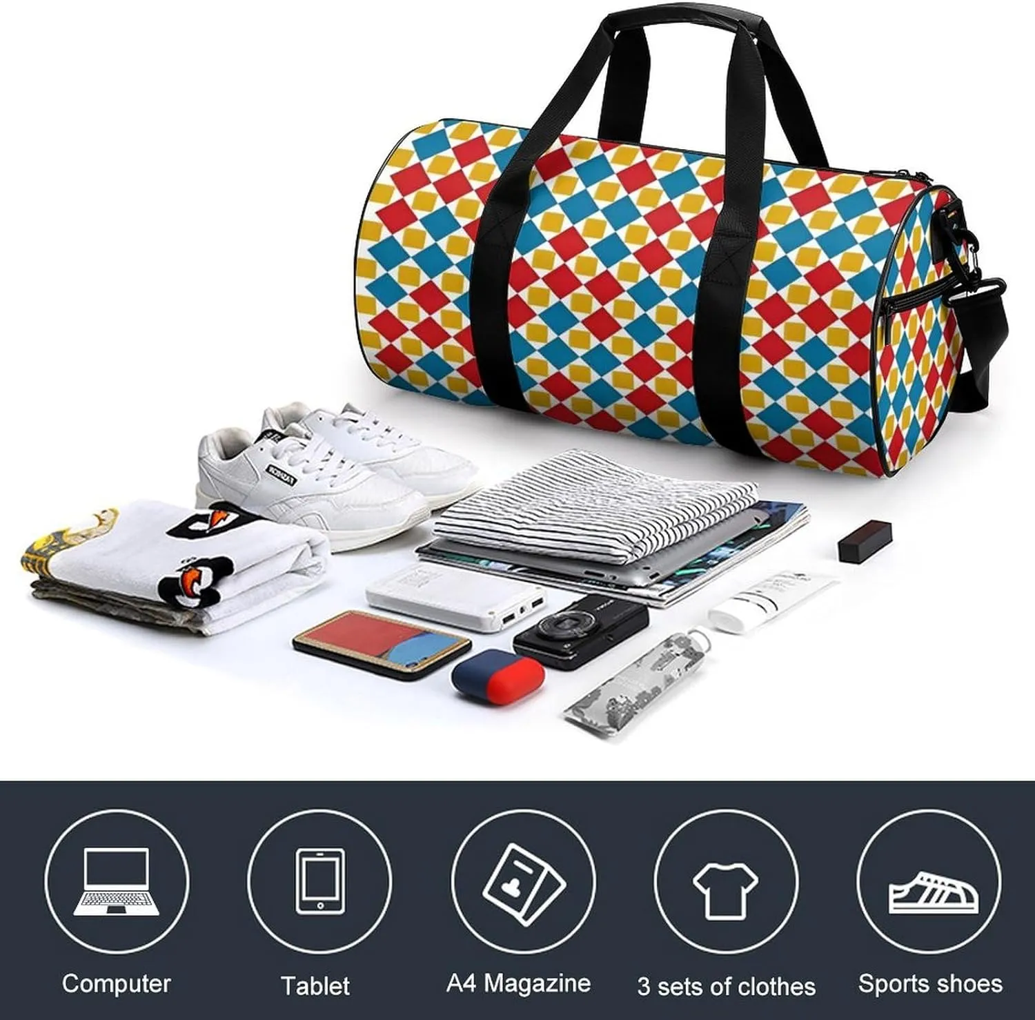 Gym Bag for Men Women Lightweight Sports Duffle Bag with Multiple Compartments Cylindrical Gym Bag for Fitness Travel And Outdoor Activities Ater Resistant Yoga Bag Training Bag Pixel Patchwork