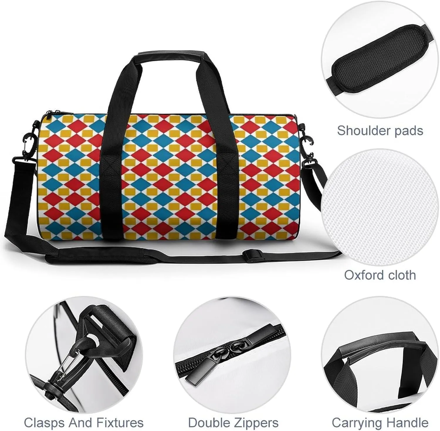 Gym Bag for Men Women Lightweight Sports Duffle Bag with Multiple Compartments Cylindrical Gym Bag for Fitness Travel And Outdoor Activities Ater Resistant Yoga Bag Training Bag Pixel Patchwork