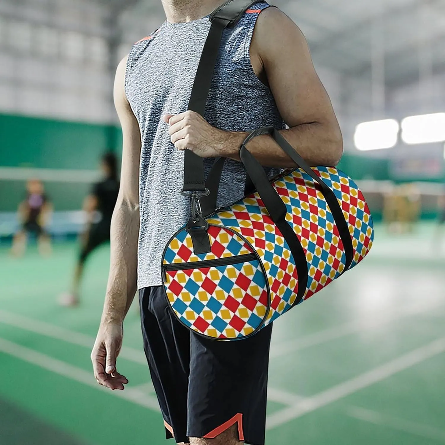 Gym Bag for Men Women Lightweight Sports Duffle Bag with Multiple Compartments Cylindrical Gym Bag for Fitness Travel And Outdoor Activities Ater Resistant Yoga Bag Training Bag Pixel Patchwork